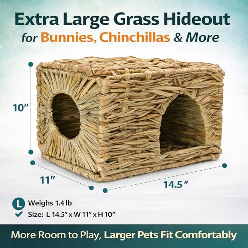 HERCOCCI Extra Large Grass House for Rabbit, Foldable & Comfortable - Small Animal Hut Play Hideaway Bed Hay Mat Chew Toy for Bunny Guinea Pig Hamster Chinchilla (1 Pack)