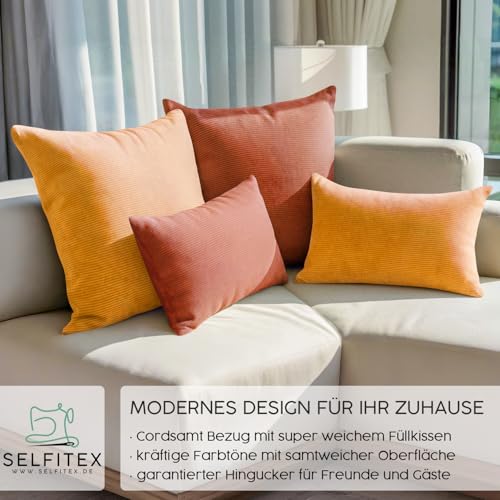 Selfitex 4er Set Cord Sofakissen 2X 30x50 + 2X 50x50, Couchkissen inkl. Füllkissen, samtiger Kissenbezug mit weicher Kissenfüllung, Flauschige Dekokissen für Wohn- & Schlafzimmer (Granada)