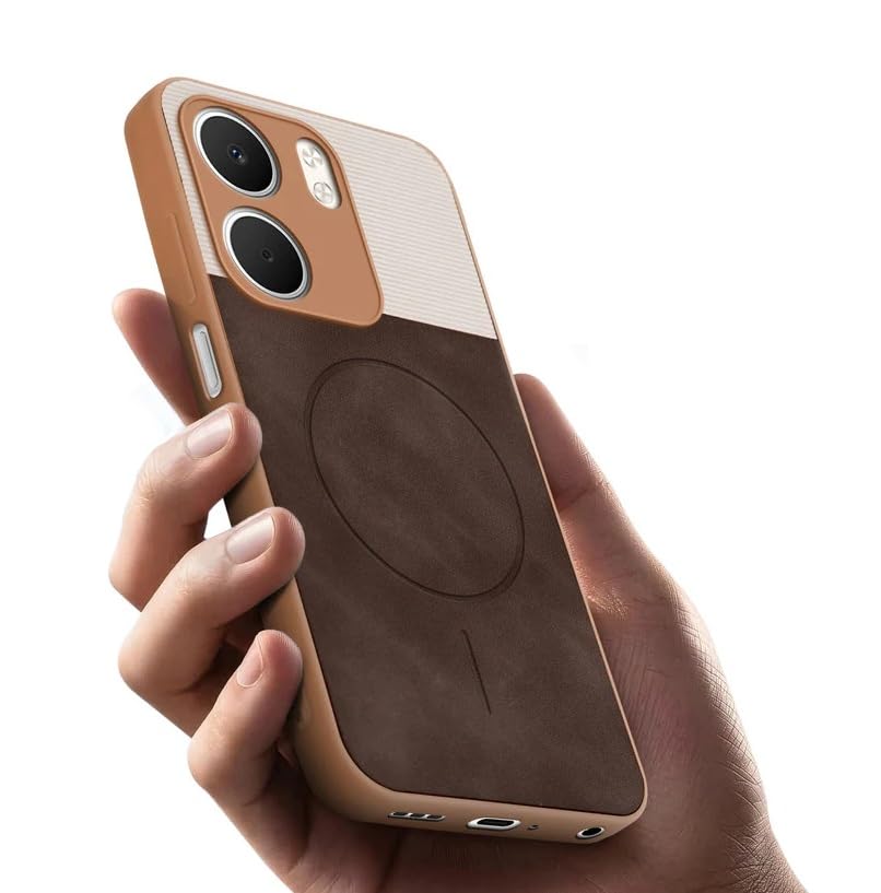 Image of Bintage CASE Mac Safe Design Hard Light Weight Back Case | Soft Border Camera Protect | Dual PU Leather Finish Back Cover Compatible for Oppo A5x 5G - White & Cherry Brown