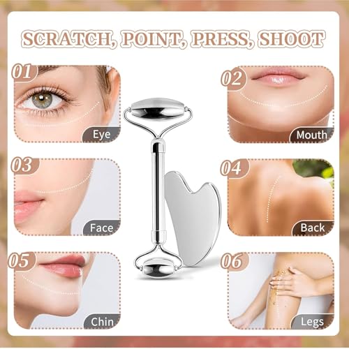 Image of Stianless Steel Roller & Gua Sha Set | Skin Tightening Anti-Aging Facial Roller Massager for Women & Men | Skin Care Tool for Face, Neck, Eye to Reduce Wrinkles, Fine Lines, Jawline