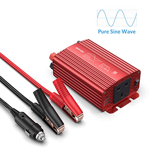 BESTEK 300W Pure Sine Wave Power Inverter DC 12V to AC 230V 240V with 4.2A Dual Smart USB Ports Car Adapter (300W-Red)