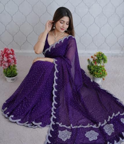 Image of Chiffon Satin Saree for Women with C Pallu PP Siroski Diamond Work, Cutwork Border & Matching Blouse Saree for Wedding, Festive and Traditional Occasions