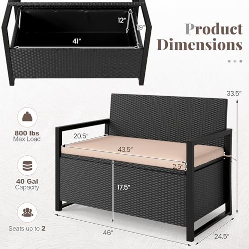 Image of Tangkula 40 Gallon Outdoor Bench with Storage, Patio Wicker Storage Bench with Cushion, Cover, Metal Frame, Deck Box Seat for Backyard, Poolside, Balcony, Garden