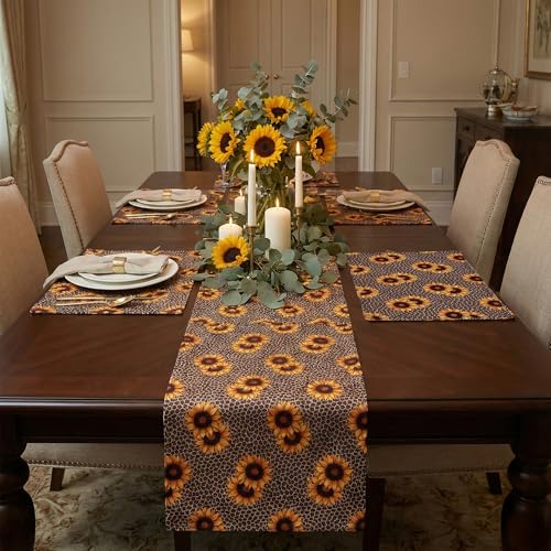 Image of Dining Table Mats Set of 4 with 135 cm Runner - Sunflower Animal Print Theme,Digital Print, Washable, Indoor /Outdoor, Heat-Proof, Wipe & Clean (47X33 cm) Yellow & Brown