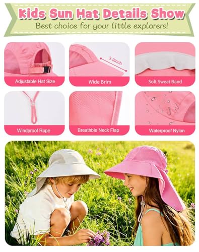 Image of Rosoz Kids Sun Hat with Neck Flap UV Protection Summer Toddler Beach Hat Unisex Ponytail Hat Wide Brim Fishing Hat