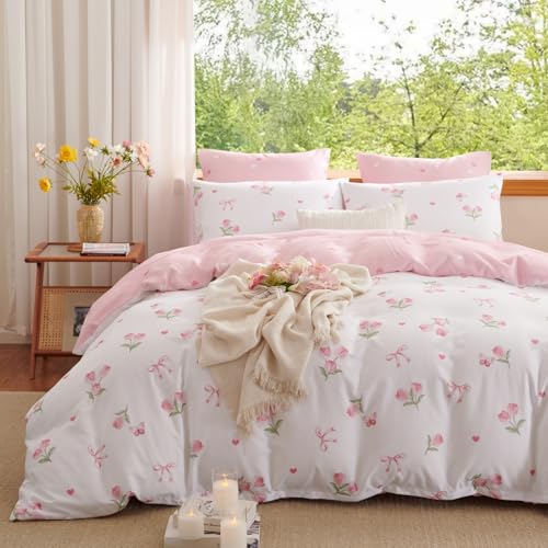 Tospass Mädchen Bettwäsche 200x200 Weiß Rosa Tulpen Blumen Bettwäsche Set – Ansicht 3