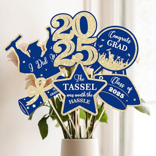 Image of COCHIE Class of 2025 Graduation Party Decorations, Table Centerpieces Sticks for Grad Parties Supplies, Shiny Table Topper Decor for Kindergarten Preschool High School College (Glitter Blue and Gold)