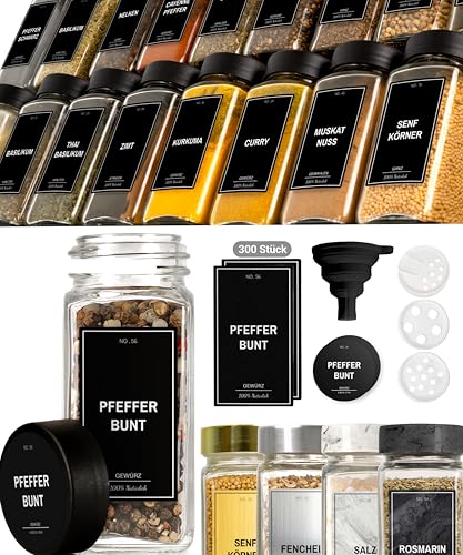 Greeano Gewürzgläser Set [24 x 120ml] mit 300 Gewürzetiketten [DE] - Gewürzgläser schwarz - Gewürzgläser mit Streueinsatz - Gewürzgläser eckig...