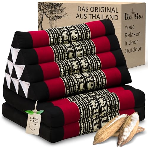 livasia Thaikissen mit 2 Auflagen - 120x50x8cm - Dreieckskissen mit Sitzkissen, Keilkissen mit Kapok, Rückenkissen faltbar, Thaimatte zum Klappen,...