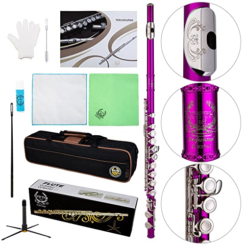 Rhythm C Flutes With Engraved Flower Closed Hole 16 Keys Flute For Student, Beginner With Cleaning Kit, Stand, Carrying Case, Gloves, Tuning Rod, Pink #TOP1