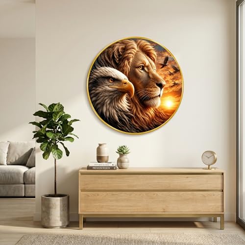 Image of SAF Lion Eagle Round Wall Painting with Premium PVC Golden Frame, Wildlife Sunset King Power Art for Living Room Office Bedroom Home Decor Gift (12 x 12 Inch) GRS-457