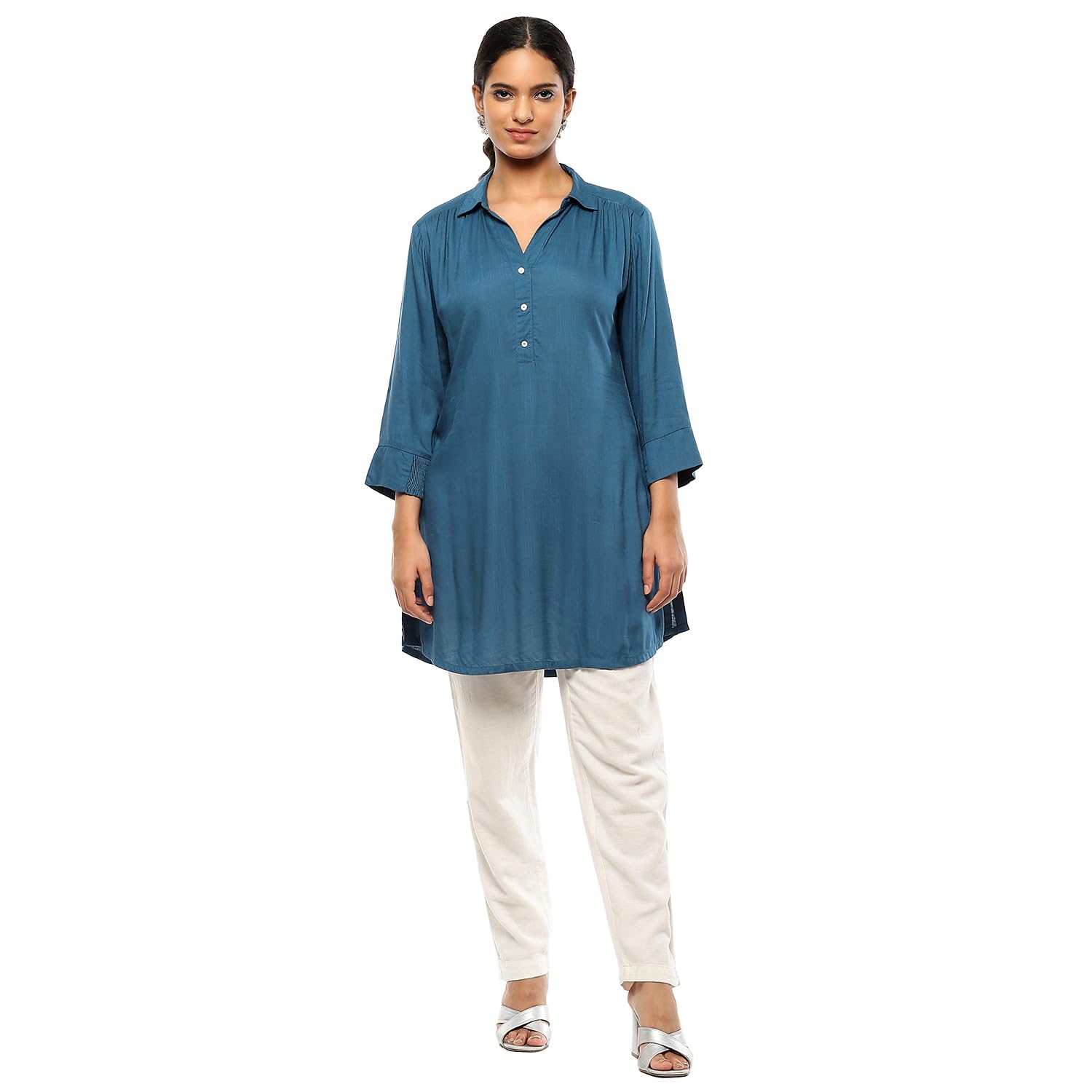 biba Women Rayon Regular Fit Solid Shirt Collar Straight Short Kurti-picture-23