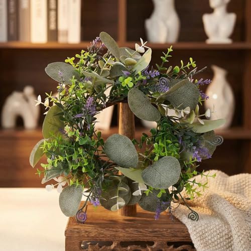 Candle Rings Artificial Eucalyptus Leaves Wreaths Small Boho Wreaths for Pillar Candles Wedding Table Centerpiece Home Decor Door & Window Decoration Greenery Garland Rustic Candle Ring (A)