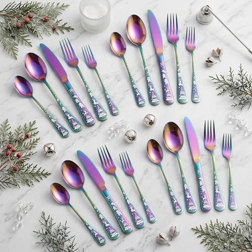 KitchAntique Rainbow Silverware Set | Satin Finish 20-Piece Flatware Set with Unique Christmas Printed Handle | Dishwasher Safe Stainless Steel Cutlery for Home, Restaurant & Gifting