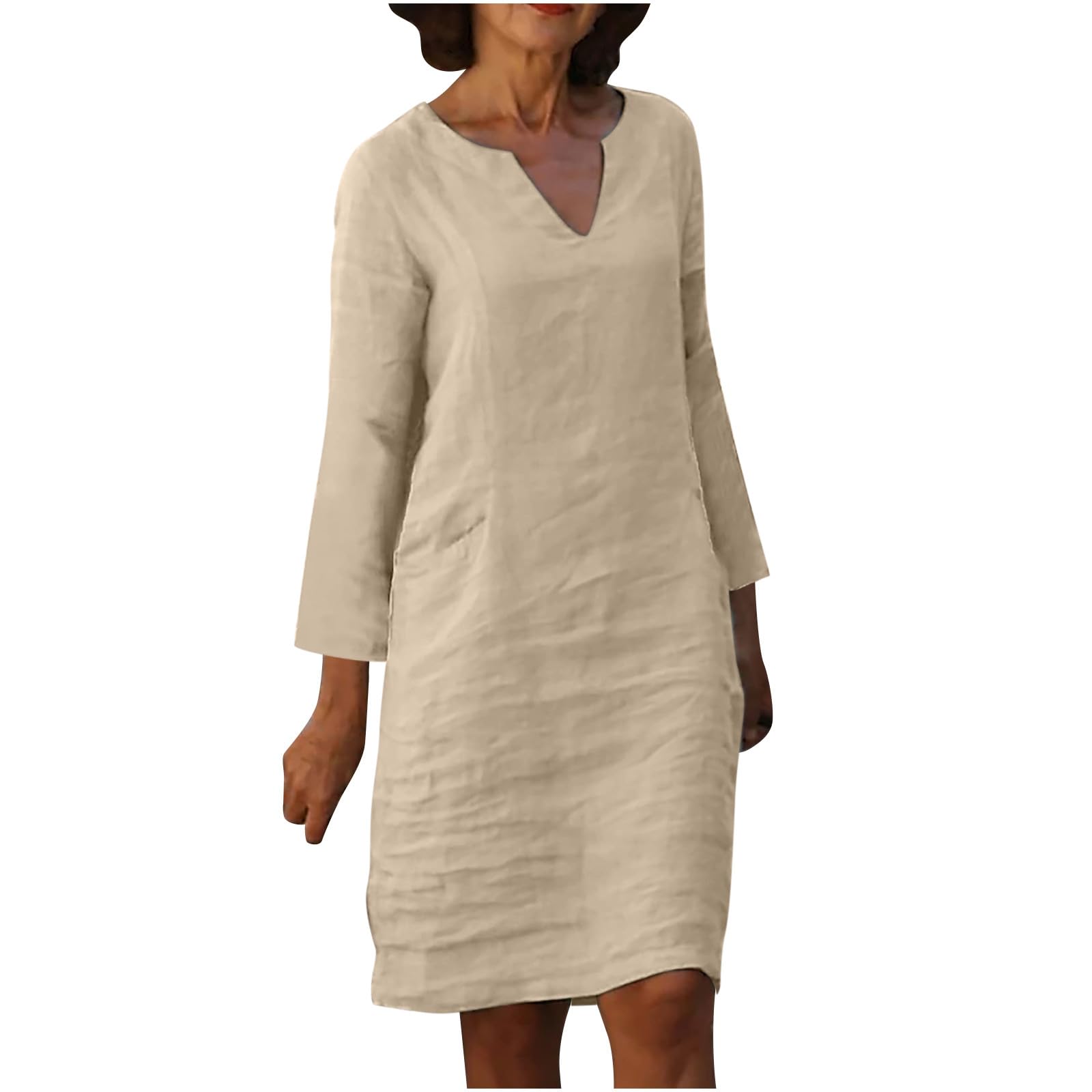 NUSGEAR Vestidos Corto Mujer Algodón y Lino Vestido 2024 Verano Basico Casual Vestidos Cuello en V Vestidos Color sólido Impresión Elegante Manga Corta Vestido Cómodo Moda Playa Talla Grande Ligero