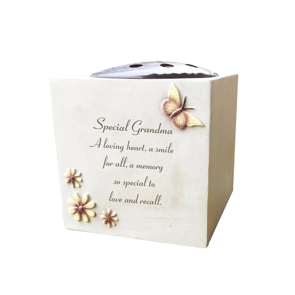 Grave Vase Rose Bowl with Butterfly & Flowers – Stone Effect Resin Weatherproof Grave Decoration – Graveside Tribute with Removable Lid | Memorial Flower Holder Ornament 14x15cm (Grandma)
