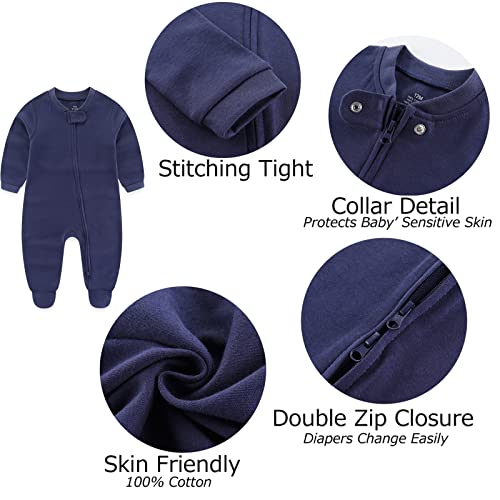 Newborn Baby Boy Girls Clothes 2-Way Zip Footed Cotton Bodysuit 3-Pack Long Sleeve Outfits 0-12Months Baby Pajamas3