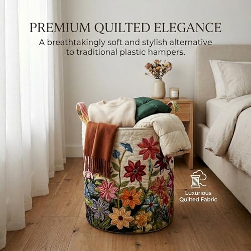 Image of Quilted Laundry Baskets with Handles, Large Floral Fabric Hampers, Extra Soft Boho Chic Storage Organizer for Nurseries, Collapsible Clothes Bins, Portable Bedroom Washing Container