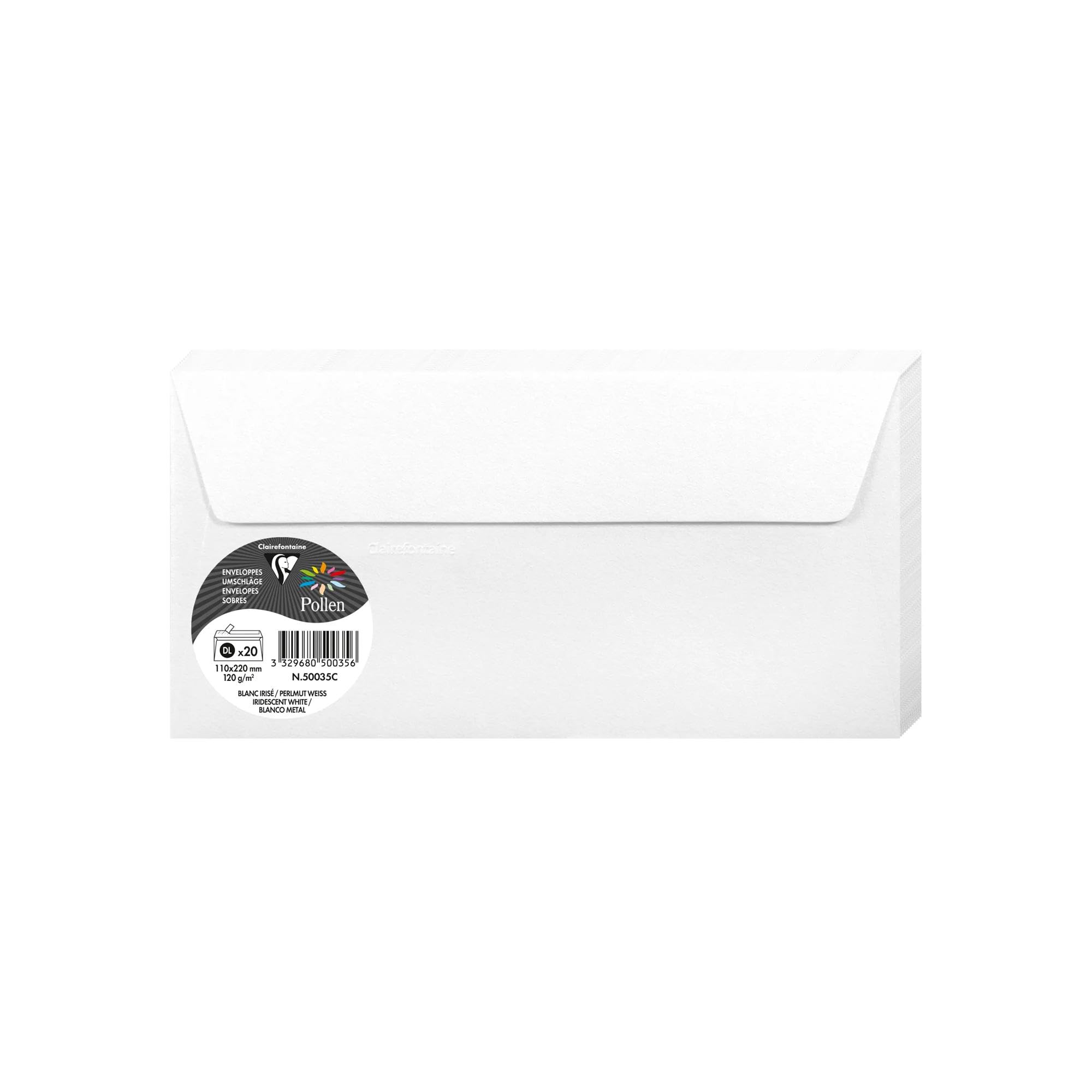 Clairefontaine 50035C iridescent White Paper Pack of 20 Self-Adhesive Envelopes DL 11x22cm 120gsm Invitation Events Correspondence Pollen Range Premium