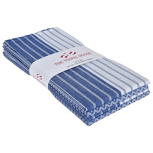 THE TOWEL HOUSE Premium Cotton Kitchen Towels – Extra Large 18x28 Inches, Super Absorbent, Quick Dry with Built-in Hanging Loop – Blue, Pack of 4, Ultra-Soft and Durable