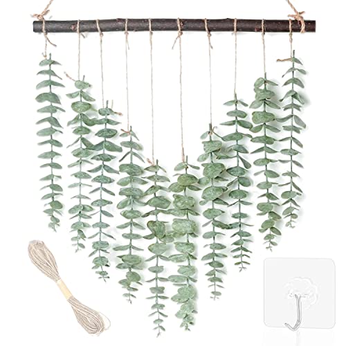 Image of Artificial Eucalyptus Greenery Hanging Wall Decor Fake Eucalyptus Vines Wall Hanging Plants with Wooden Stick Farmhouse Rustic Boho Wall Decor for Bedroom, Living Room, Entryway and Bathroom Decor