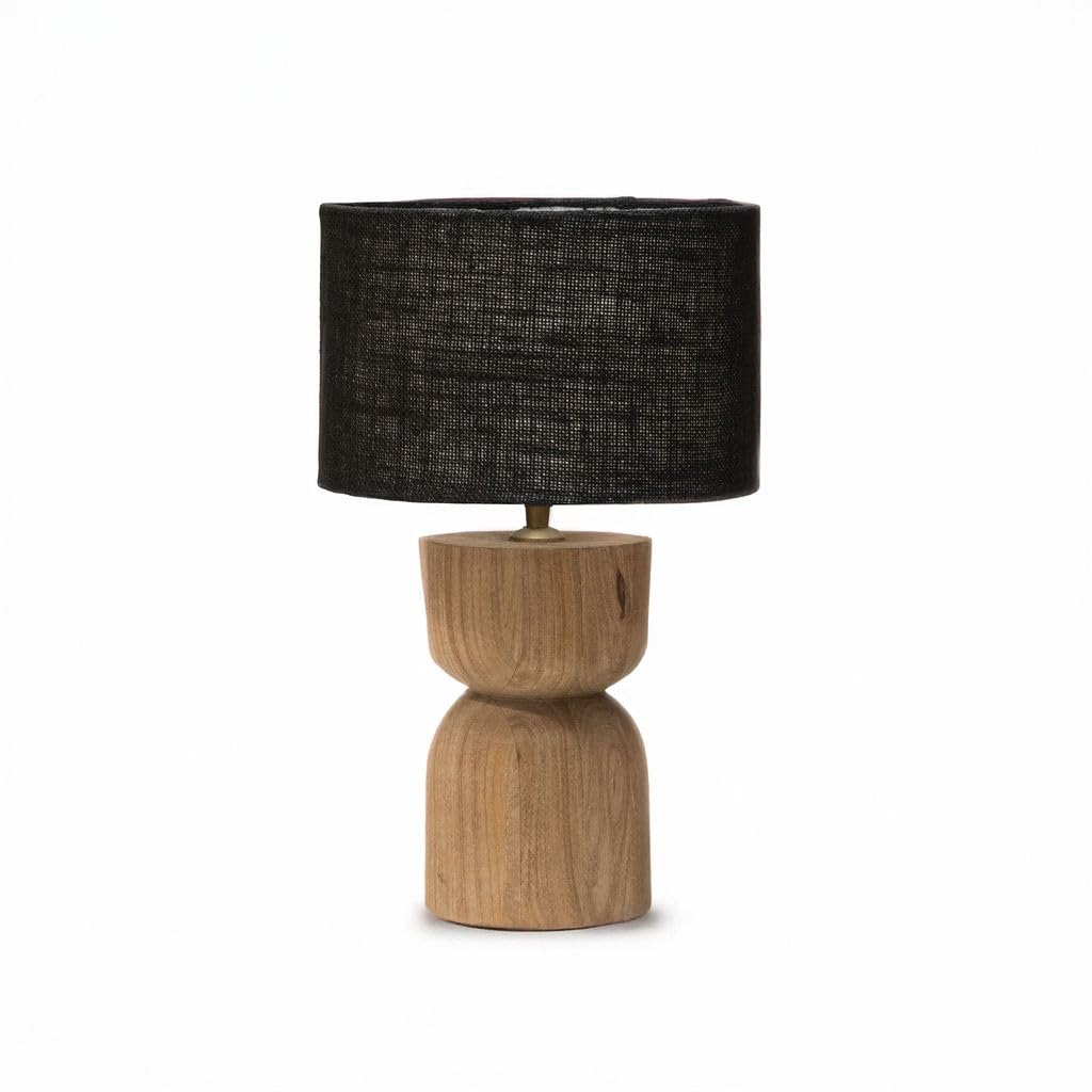 Arthur Cameron - Mells Solid Wooden Table Lamp with a Black Chunky Woven Linen Shade - Rustic Desk Lamp Hand-Carved from Indian Mango Wood, Sandblasted to Reveal the Natural Grain (Medium)
