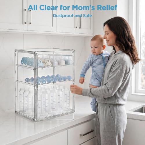 Image of HBlife Baby Bottle Storage Organizer for Countertop Cabinet, 3 Tiers Adjustable Clear Acrylic Bottles Storage Station Case Box Container with 2 Removable Dividers and Magnetic Door, XXL