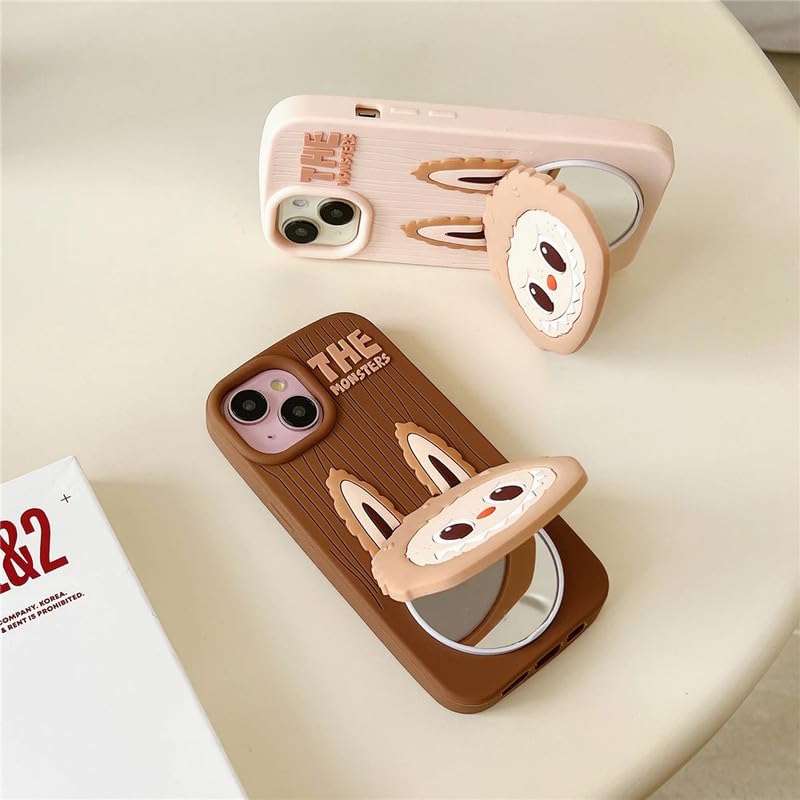 Image of COVERLY for iPhone 15 3D The Monster Mirror Cartoon Stand Case,Premium Silicone Case Full Protective Cute Bear Love with Phone Holder Cool Makeup Mirror Cute Kawaii Aesthetic Cover for Apple iPhone 15