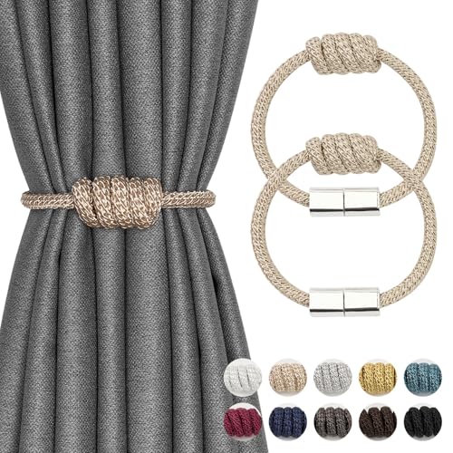 NICEEC 2 Pack Mini Magnetic Curtain Tiebacks Modern Simple Style Drape Tie Backs Elegant Hand Weave Rope Knot Decorative Curtain Holdbacks for Home & Office Window Drapery (Beige)