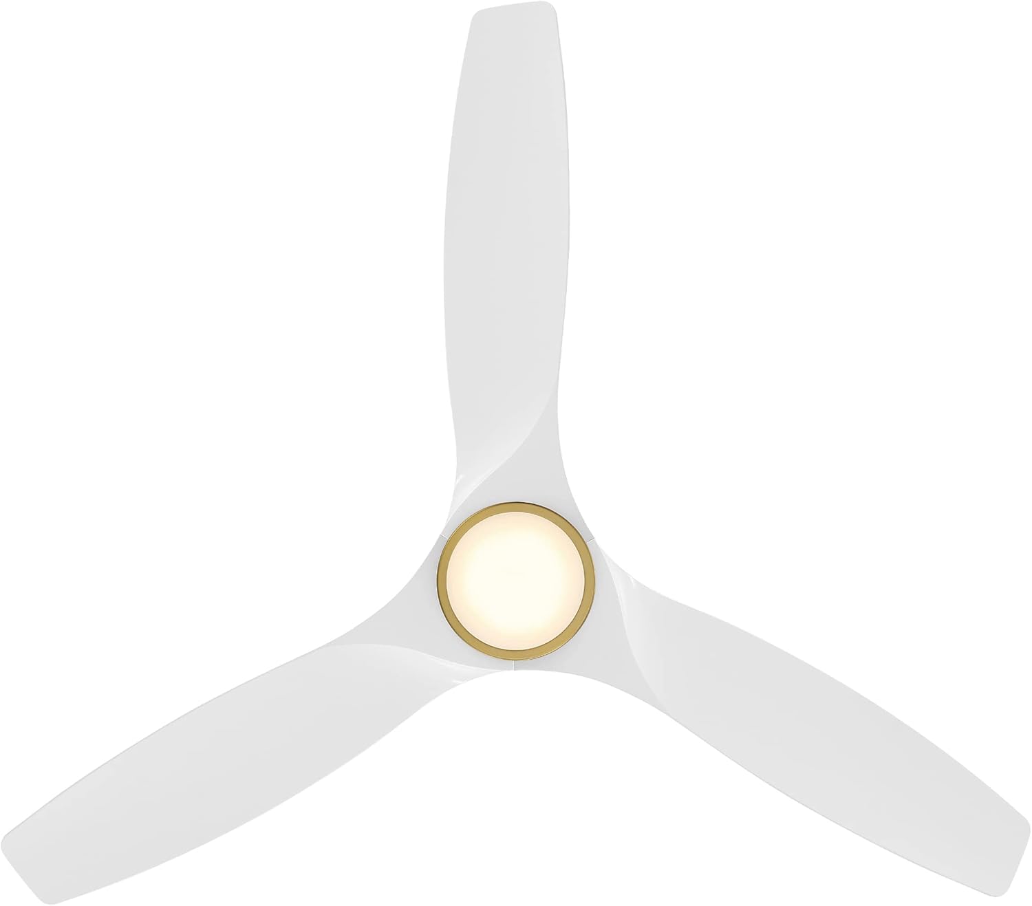 Skylark Indoor and Outdoor 3-Blade 54in Smart Flush Mount Ceiling Fan in Soft Brass Matte White Adjustable CCT 2700K-3000K-4000K-5000K LED Light Kit Remote Control works with Alexa, iOS or Android App