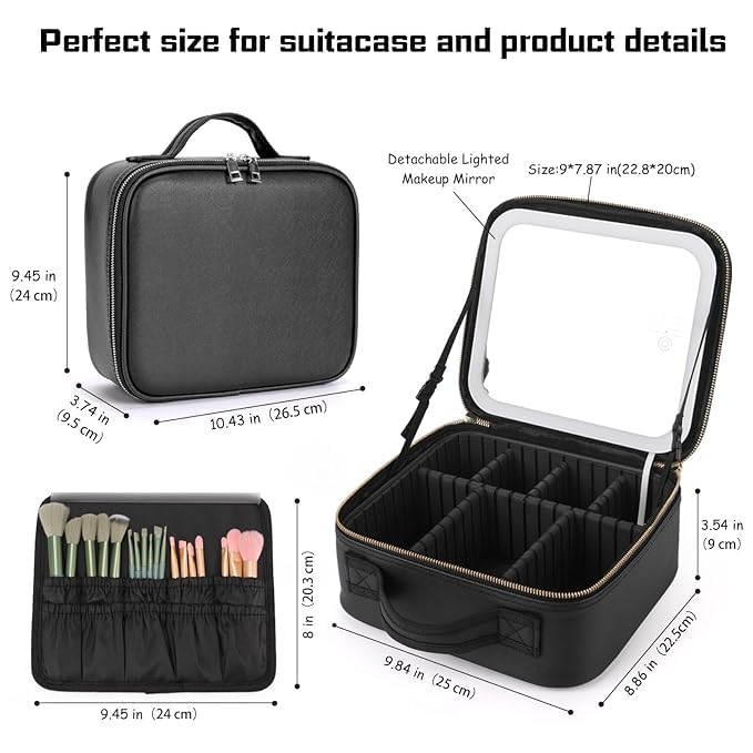 Feelon Makeup Bag with Led Mirror-Travel Makeup Bag with Led Mirror is with Waterproof Design Travel Makeup Bag, Best Gift with Lighted Mirror.Makeup Bag with Mirror 3 Color Scene (Black)
