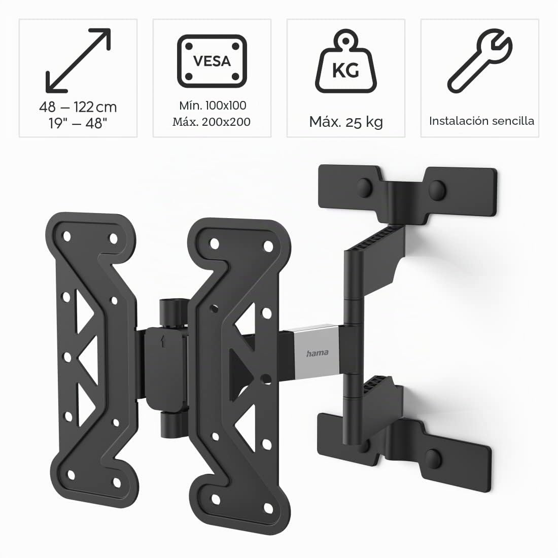 Hama | Soporte de Pared para TV de 19" a 48" (Soporte +3/-12° y Giratorio 6°, Carga máxima de 25kg, VESA de 100 x 100 hasta 200 x 200, Pantallas de hasta 122cm) Negro
