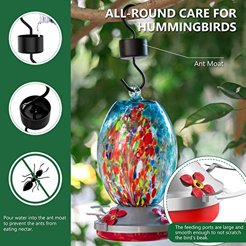 Balhvit Hummingbird Feeders for Outdoors, 32 Ounces Leak-Proof & Rust-Proof Hand Blown Glass Hummingbird Feeder, Easy to Clean & Fill Wild Bird Feeder with Hanging Hook, Ant Moat, Brush, Hemp Rope - Thumbnail 5