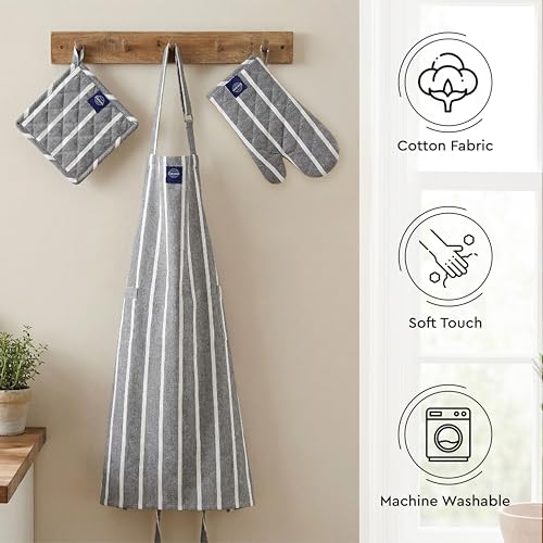 Image of Encasa XO 100% Cotton Apron Set for Women & Men with Adjustable Apron, Oven Gloves & Pot Holder (Pack of 3) Combo, Heat-Resistant, Soft & Durable for Cooking, Baking & Grilling (Roma Grey Stripes)