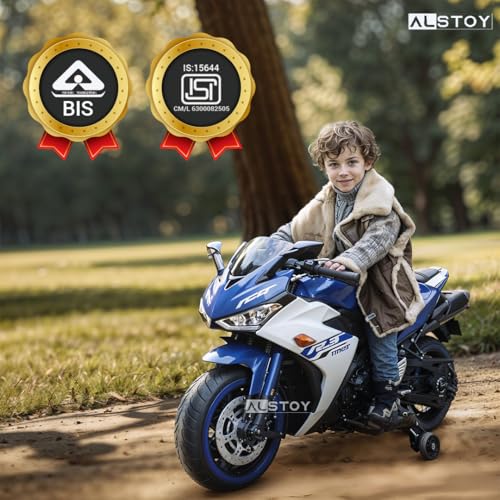 Image of Alstoy Ninja Ride-On Bike for Kids | 12V Rechargeable Battery Electric Toy Bike | Bluetooth Music | 35kg Capacity | Ages 3-8 Boys & Girls| BIS /ISI Approved | 6-Month Warranty | Large | Blue