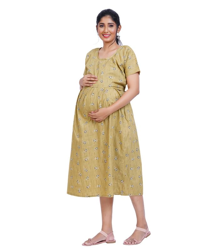 Zipless One Piece Maternity & Feeding Dress/Gown/Nighty| 100% Cotton with a Side Pocket | Calf/Full Length/for Pregnancy & Nursing- (L to 4XL)-image-38