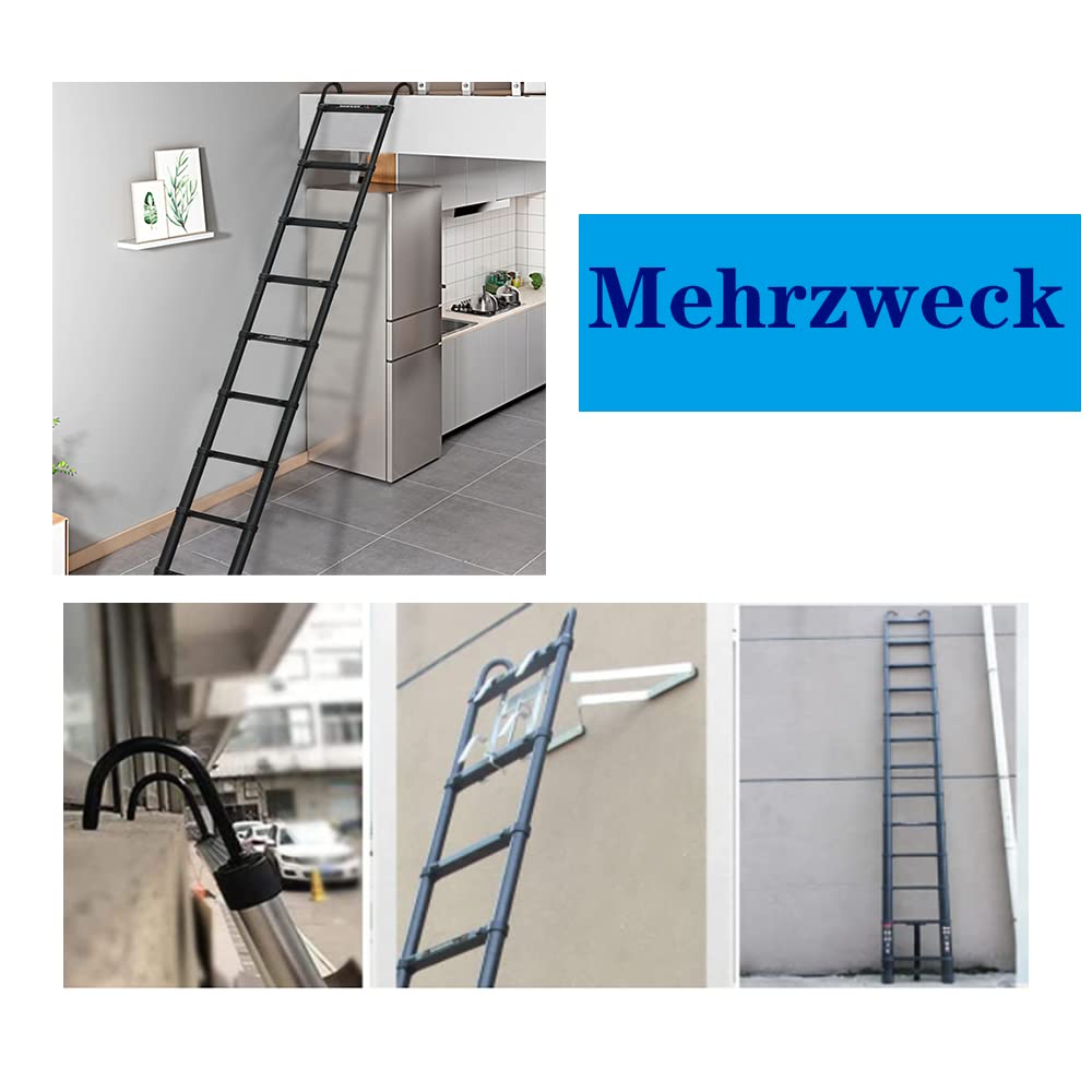 Wysuwana drabina schodkowa, wielofunkcyjna drabina składana, drabina aluminiowa, drabina przesuwna z 2 hakami do użytku na zewnątrz i wewnątrz, antypoślizgowa drabina 15-stopniowa, nośność 150 kg