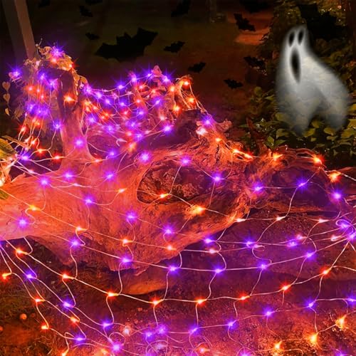 LJLNION Halloween Net Lights 360 LED 12ft x 5ft Connectable Mesh Fairy String Lights 8 Modes Low Voltage Safe Adaptor for Xmas Trees Bushes Wedding Outdoor Garden Yard Decorations Orange & Purple