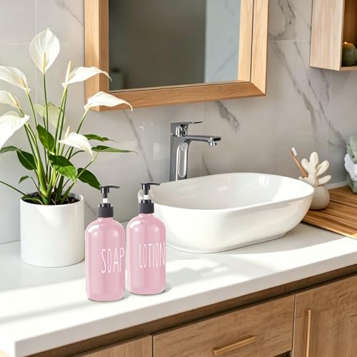 Image of COHOSEGE Glass Soap Dispenser Set 2 Pack,16 Oz Hand Soap Dispenser for Bathroom,Pink Kitchen Accessories and Bathroom Decor,Soap and Lotion Dispenser Set for Bathroom