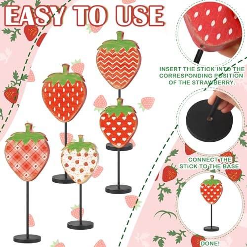 Image of Yousoontic 5 Pcs Summer Strawberry Table Decorations Strawberry Centerpiece for Table Summer Sweet Wooden Sign Standing Block for Home Tiered Tray Office Shelf Decorations