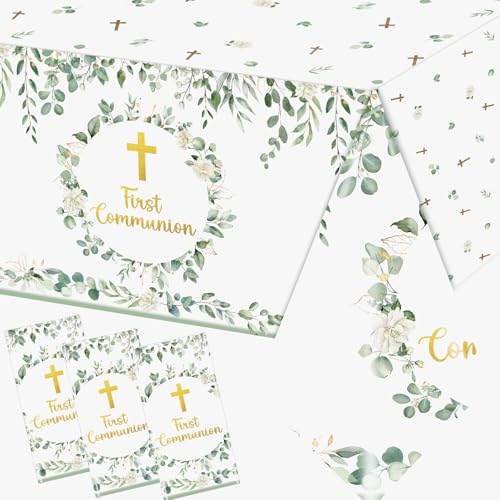 Dydamud First Communion Decorations 3pcs Green First Communion Tablecloths Plastic Baptism Tablecloths First Communion Party Supplies for Girls Boys Baptism Decorations Primera Comunion Decoracion
