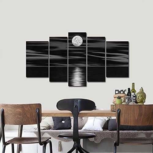 Generic Sea White Full Moon in Night 5 panels 100% Hand Painted Stretched and Framed Modern Abstract Seascape Artwork Contemporary Oil Paintings on Canvas Wall Art for Bedroom Home Decorations