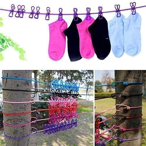 Image of JEBISON Cloth Drying Rope with Hook Cloth Hanging Rope with Clips 12 Pcs 1.8 Meter Stretchable Durable Clothesline for Travel- (Pack of(3))