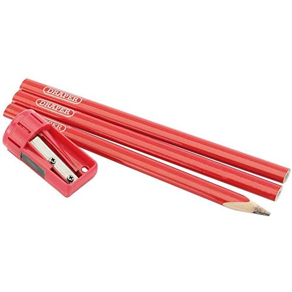 Draper Red 50990 Cpsset Carpenter Pencil And Sharpener, 4 Piece Set