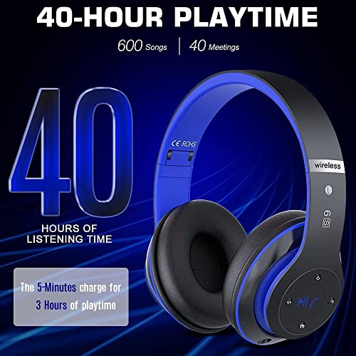 Prtukyt 6S Bluetooth Headphones Over-Ear, Hi-Fi Stereo Foldable Wireless Stereo Headsets Earbuds With Built-In Mic, Volume Control, Fm For Iphone/Samsung/Ipad/Pc (Black & Blue) #TOP3