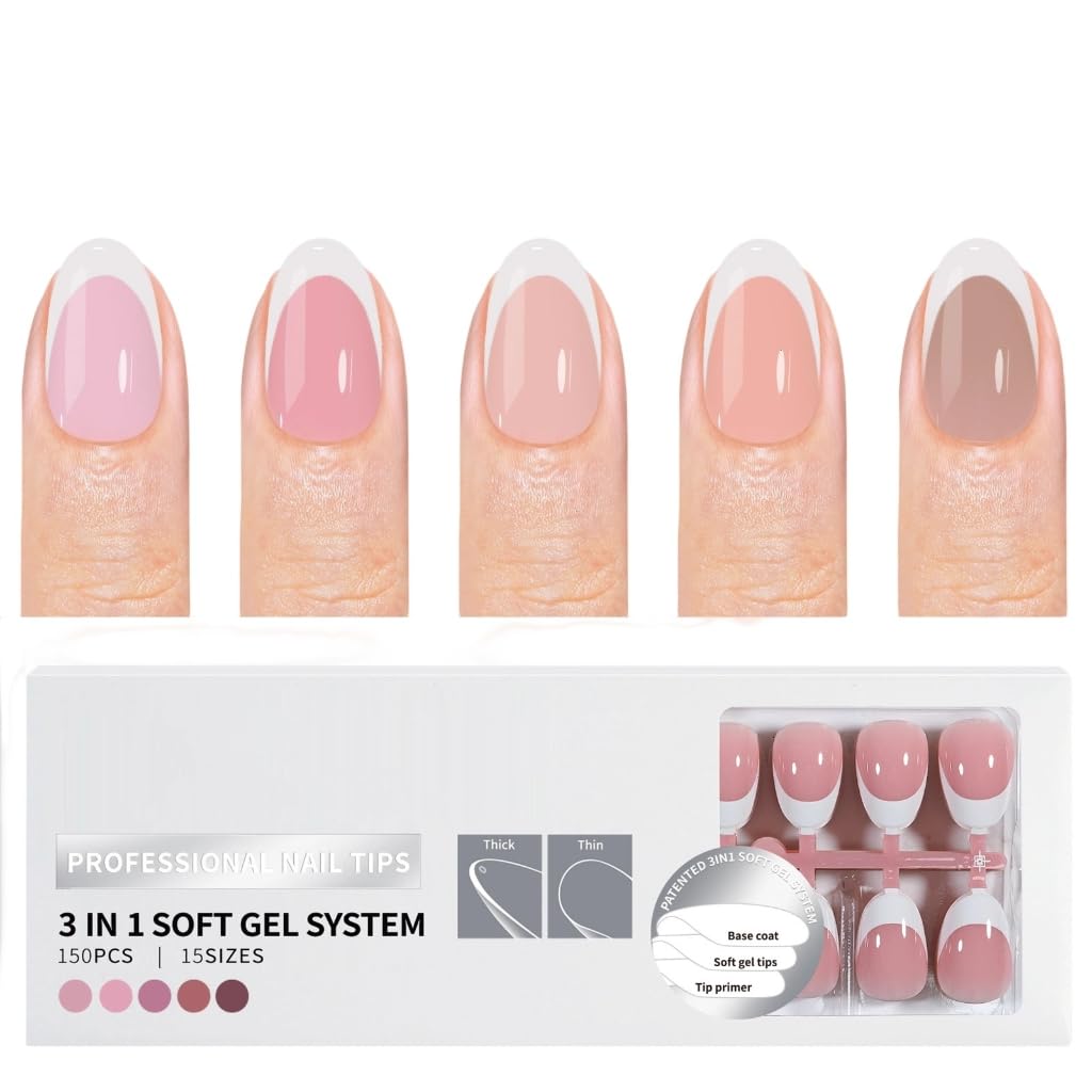150 Pieces French Tip Pre Coated Base and Primer Acrylic Artificial Nails Manicure for Quick Nails Art