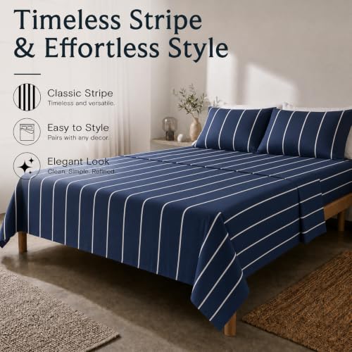 Image of King Striped Sheets Set, Deep Pocket Soft & Cooling Bed Sheet Set, 4PC