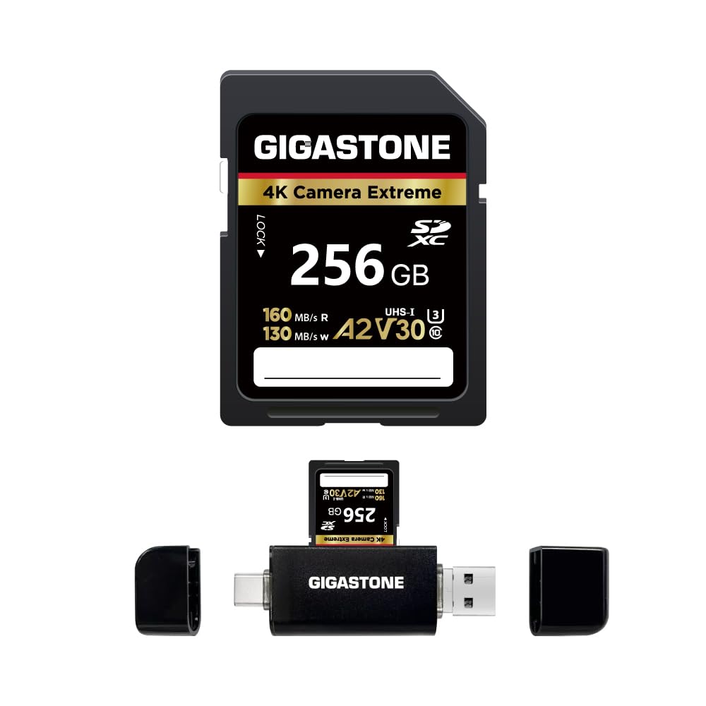 【5-Years Data Recovery】 GIGASTONE 256GB SD Card with USB Type C Card Reader, 4K Camera Extreme, A2 V30 U3 C10 SDXC Memory Card High Speed, Compatible with Canon Kodak Olympus Digital Camera