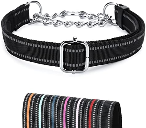 JIPIMON Dog Collar Martingale with Alloy Buckle Reflective Stainless Steel Chain Safety Adjustable Dog Training Collar for Small Medium Large Dogs (Small, No Buckle Black)