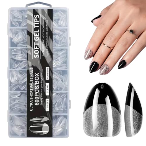 600 pcs short almond soft gel nail tips, clear full cover press on false nails, 12 sizes no-grind nail extensions for diy manicure, salon nail art and extensions
